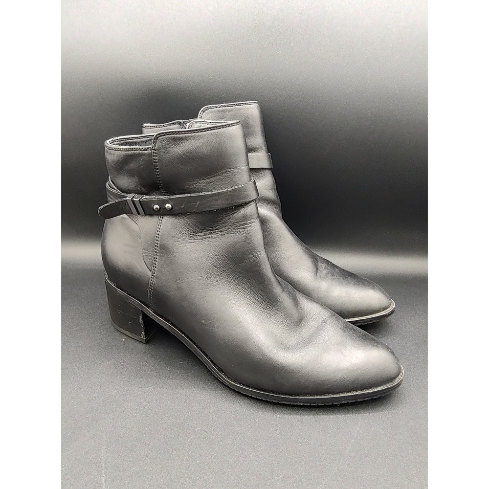 Clarks Womens Black Leather Ankle Boots Block Heel Side Zip Almond Toe Booties